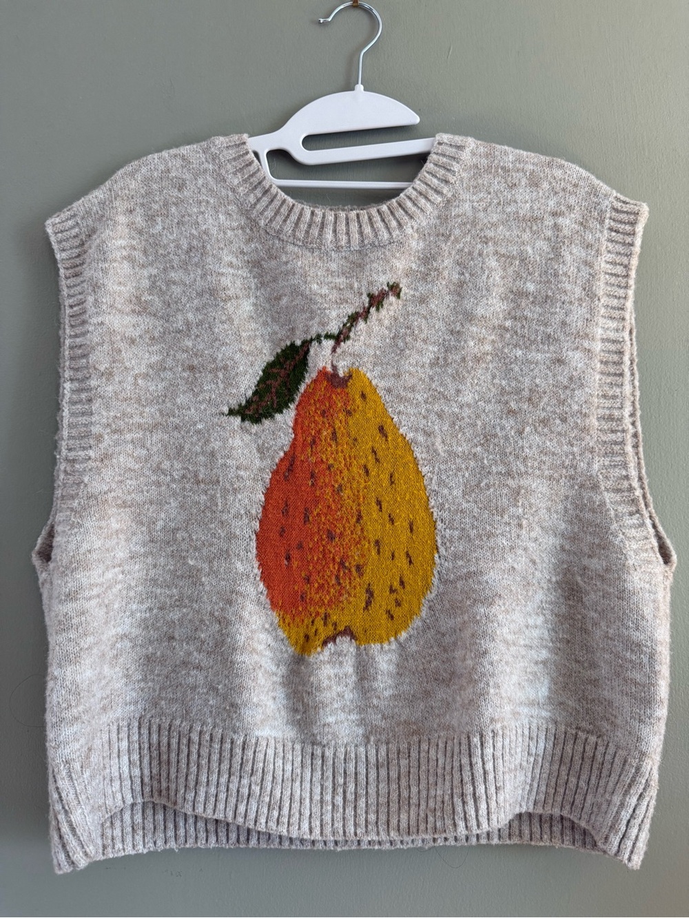 CIDER Pear Sweater Vest Alpaca Wool Blend Khaki Large Fruit Graphic